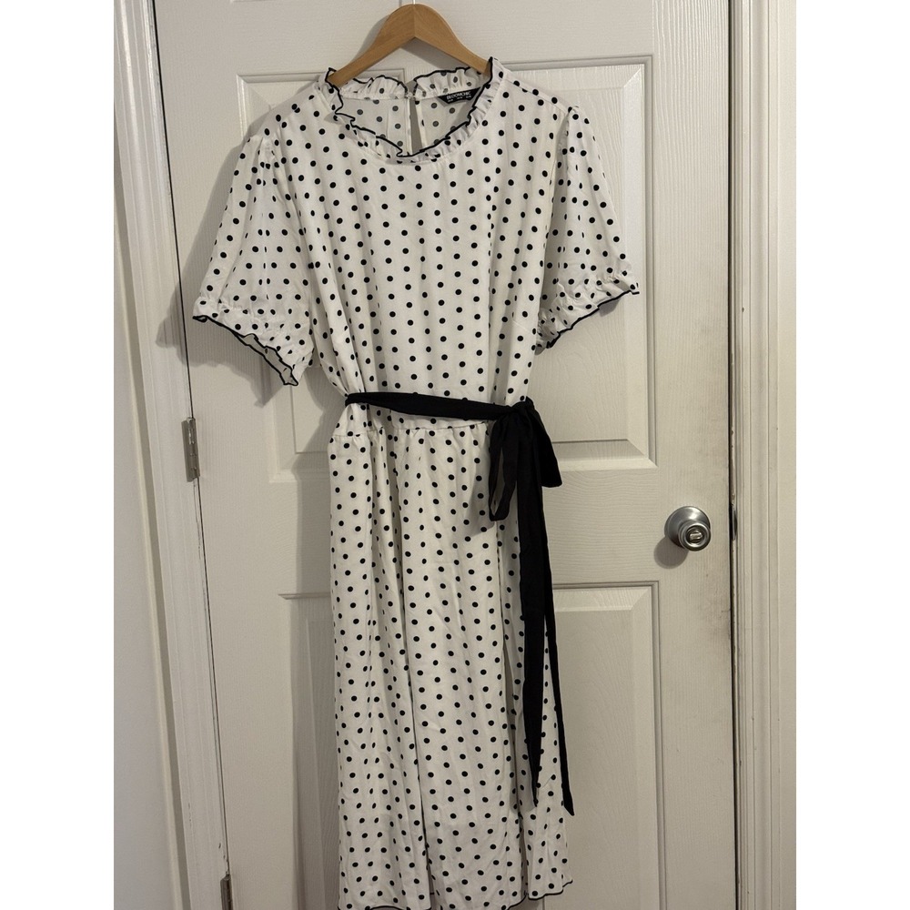 Bloomchic White/Black Polka Dot Ruffle Neck Midi Dress pockets plus size 26